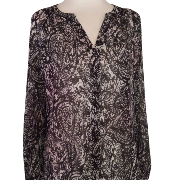 Kut From The Kloth Black & White Sheer Long Sleeve Split Collar Button Up Medium - Picture 5 of 10